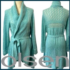 Olsen Europe Green Open Belted Shawl Neck Mohair Blend Knit Lace Cardigan (12)